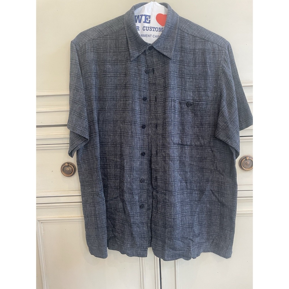 Marc Edwards Button Up Short Sleeve Casual Polo Striped Linen Blend Blue‎ Large